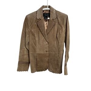 Vintage Terry Lewis Classic Luxuries Tan Leather Scalloped Jacket Blazer XS